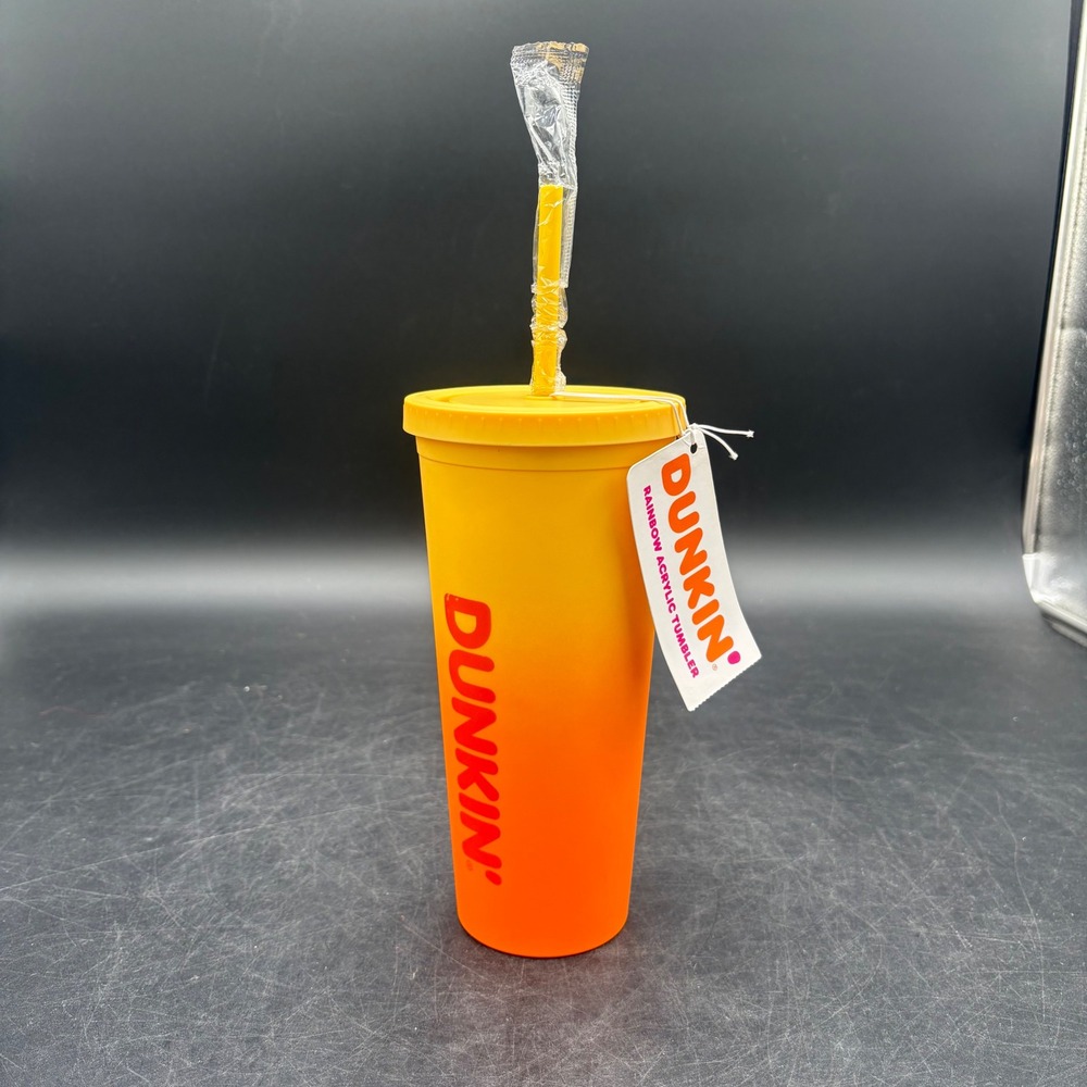 Dunkin Rainbow Acrylic Tumbler Yellow Orange Gradient Cold Cup with Straw NWT